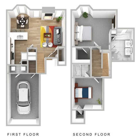 A diagram of a two-story house with labeled first and second floors.